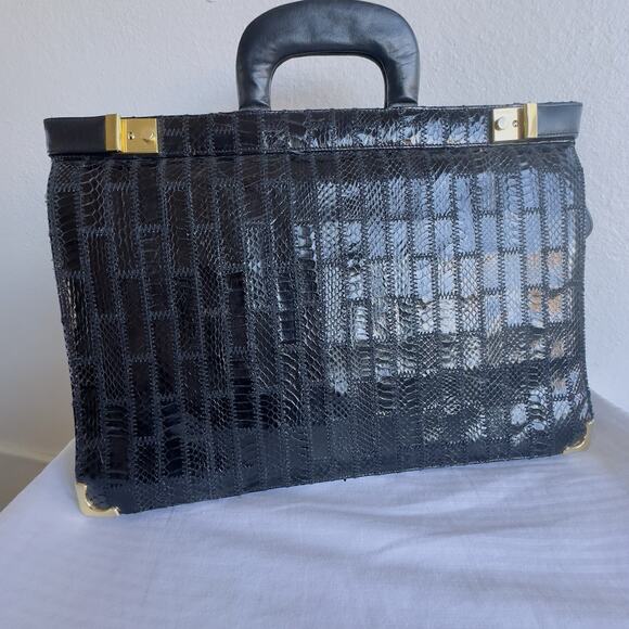 Vintage Delane Handbag Fashion Italy Black Eel Briefcase Amiet Brass Hardware - Picture 2 of 11